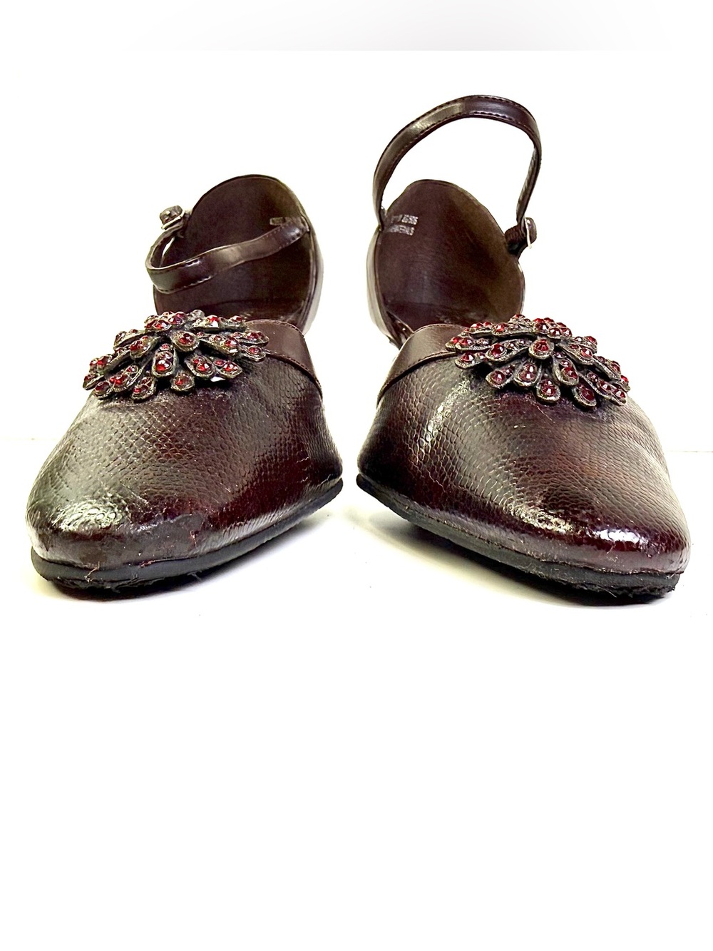 Apostrophe Jett Brown Pointed Toe Mary Jane Strappy Kitten Heels Women's Size 7M - Picture 11 of 16